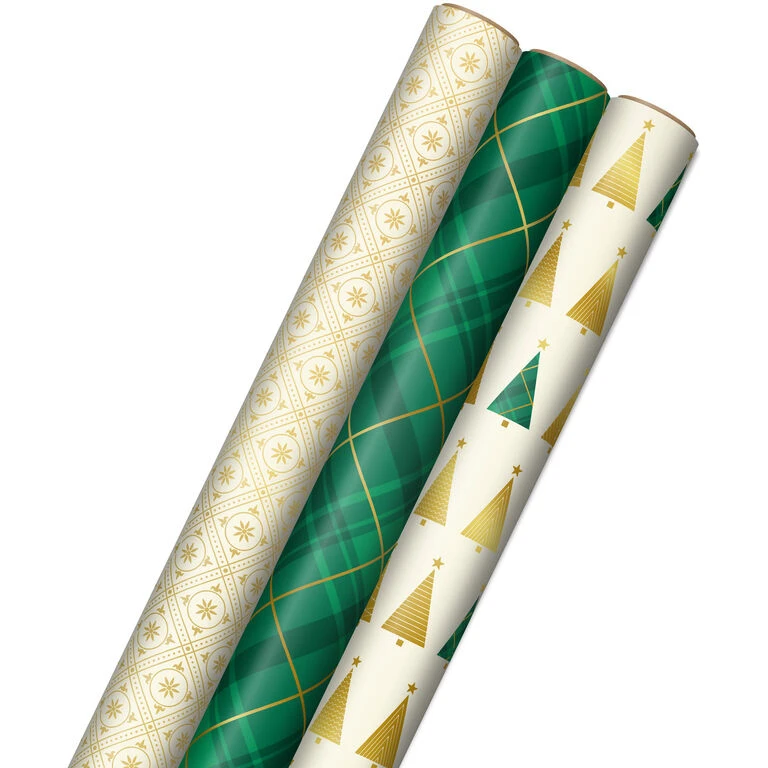 Hallmark Gold And Green 3-Pack Christmas Wrapping Paper Assortment, 120 Sq. Ft. 2 Hallmark Gold And Green 3-Pack Christmas Wrapping Paper Assortment, 120 Sq. Ft.