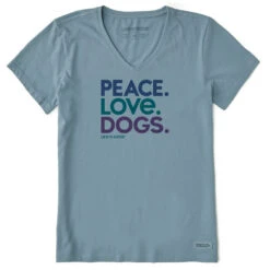 Life Is Good Peace Love Dogs Women's Blue-Gray V-Neck Tee, Medium